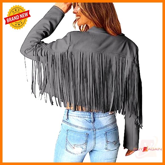 Faux Suede Fringe Cropped Jacket, Motorcycle Style, Long Sleeve, Notch Collar - Picture 4 of 7